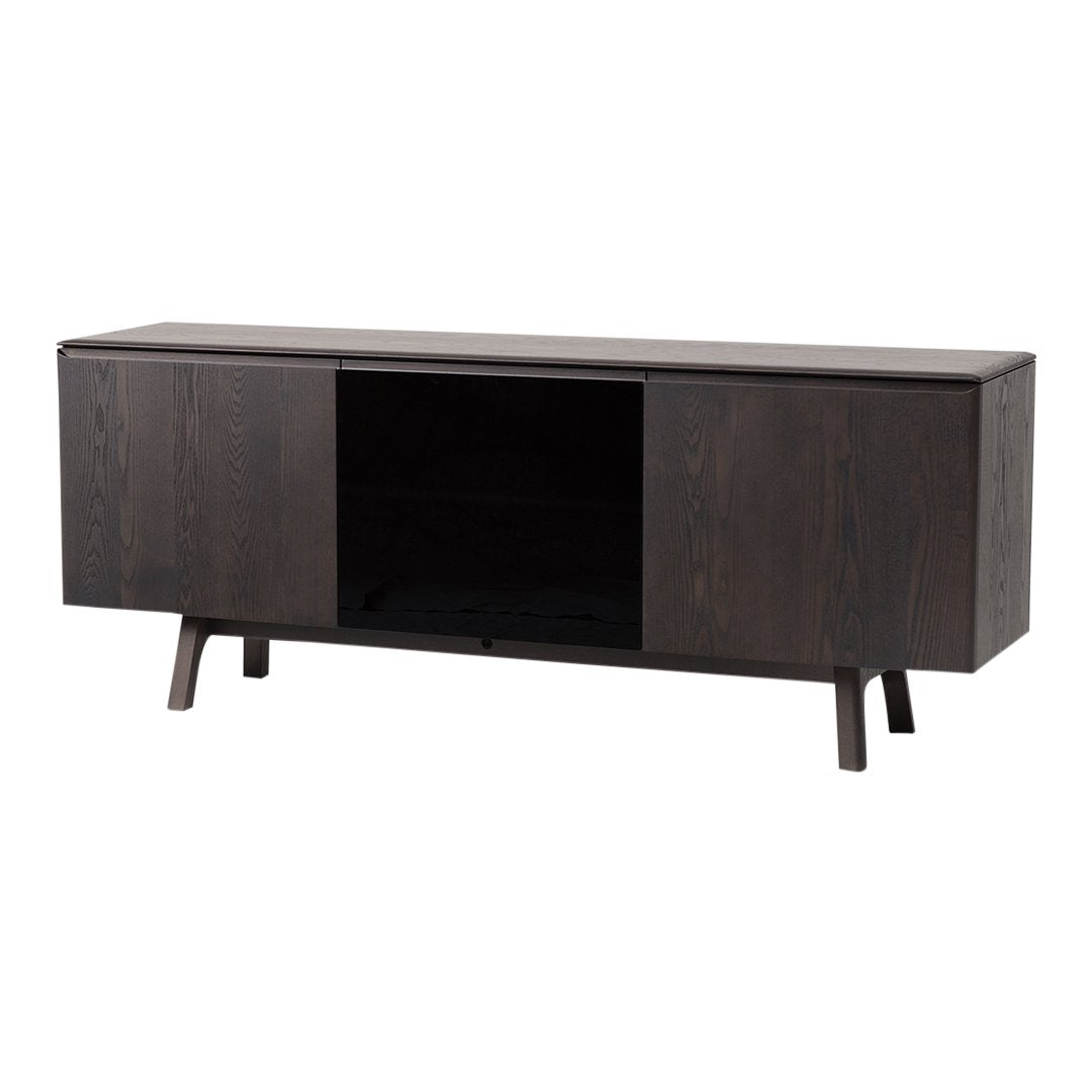 Dark wood media console with a smooth finish and modern minimalist design, featuring a central open compartment.