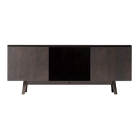 Dark wood TV stand with sleek black accents and minimalistic design, featuring a smooth, matte finish.