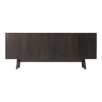 "Dark wood sideboard with a sleek, modern design and subtle grain patterns, featuring tapered legs."