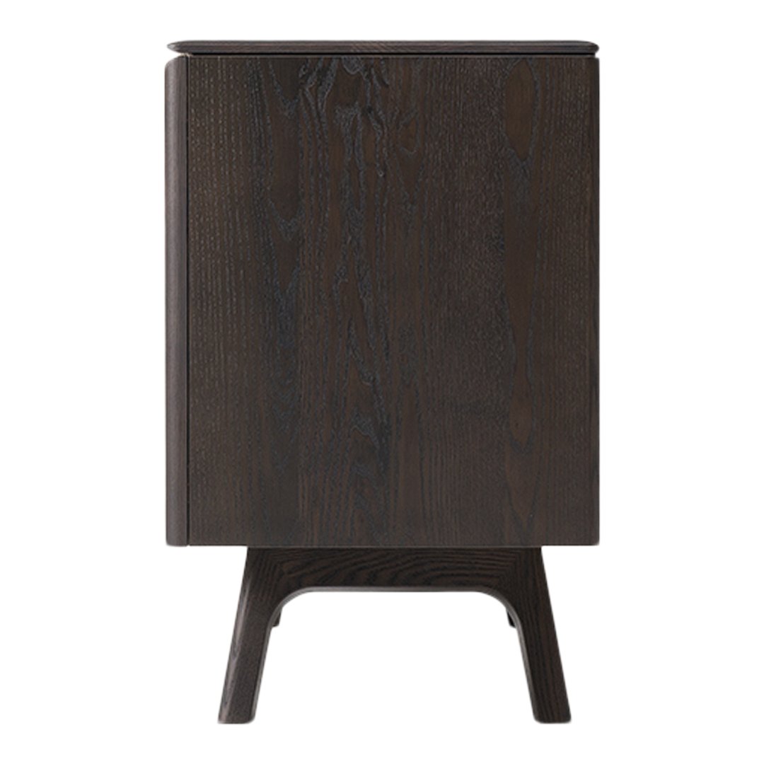 Dark brown wooden cabinet with a smooth finish and simple, modern design. Stylish legs add a contemporary touch.