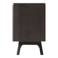 Dark brown wooden cabinet with a smooth finish and simple, modern design. Stylish legs add a contemporary touch.