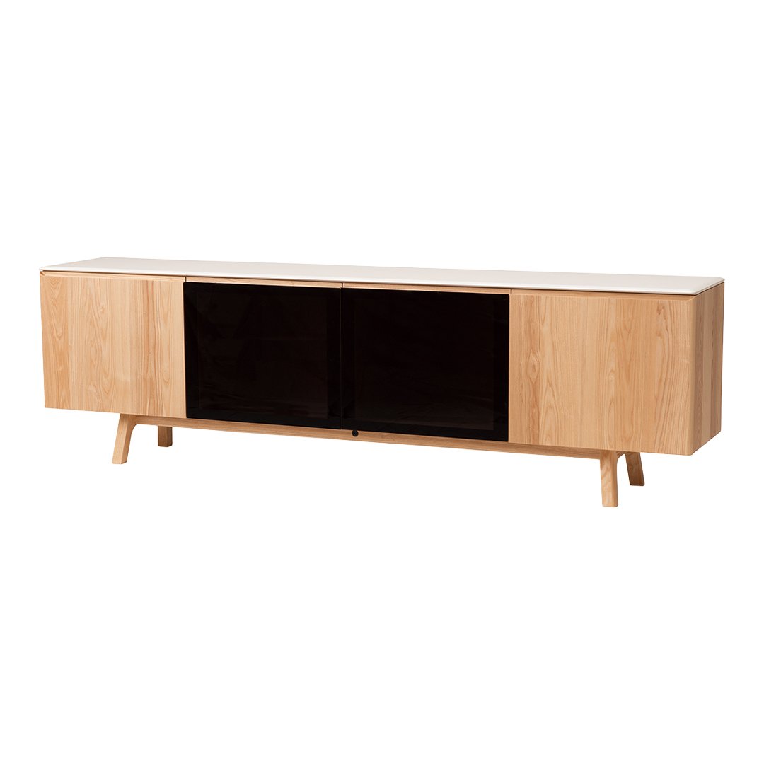 Natural wood TV cabinet with a light wooden finish and sleek black glass doors, featuring minimalist design and clean lines.