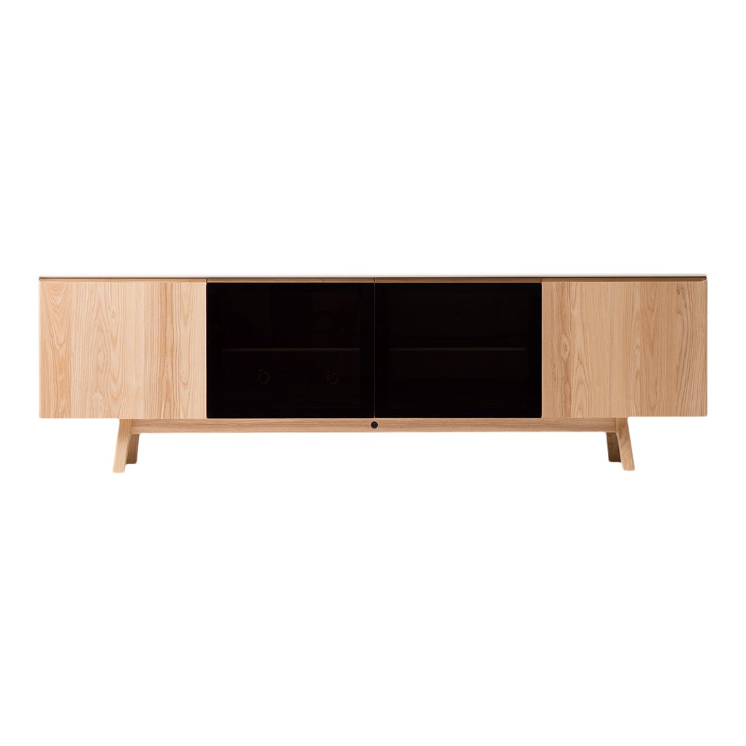 Natural wood finish with light oak doors and sleek black accents. Modern design for a stylish, minimalistic look.