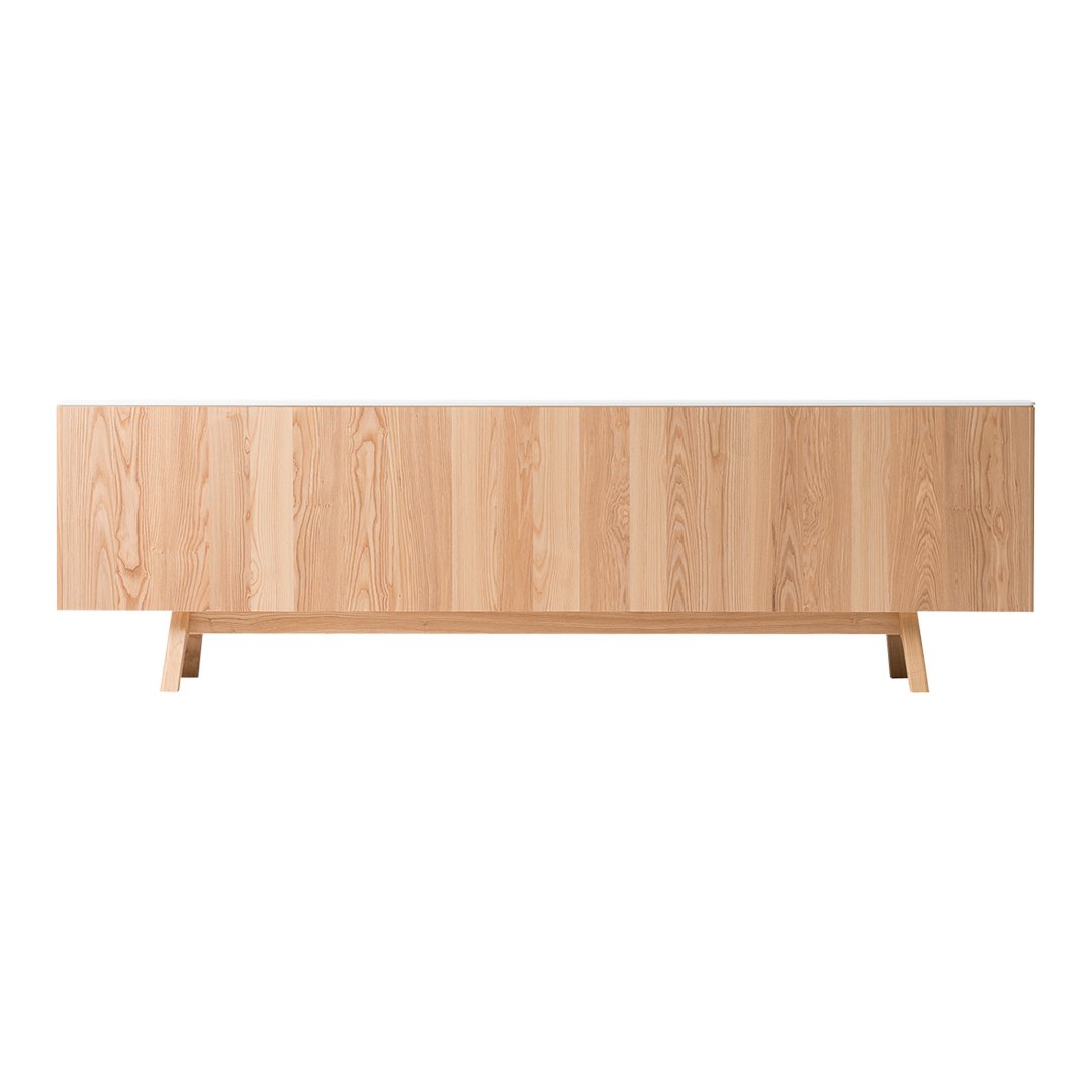 Natural wood grain sideboard with light oak finish and horizontal pattern, accented by sleek, minimalist legs.