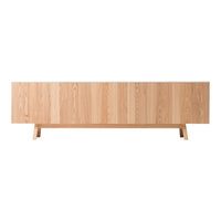 Natural wood grain sideboard with light oak finish and horizontal pattern, accented by sleek, minimalist legs.