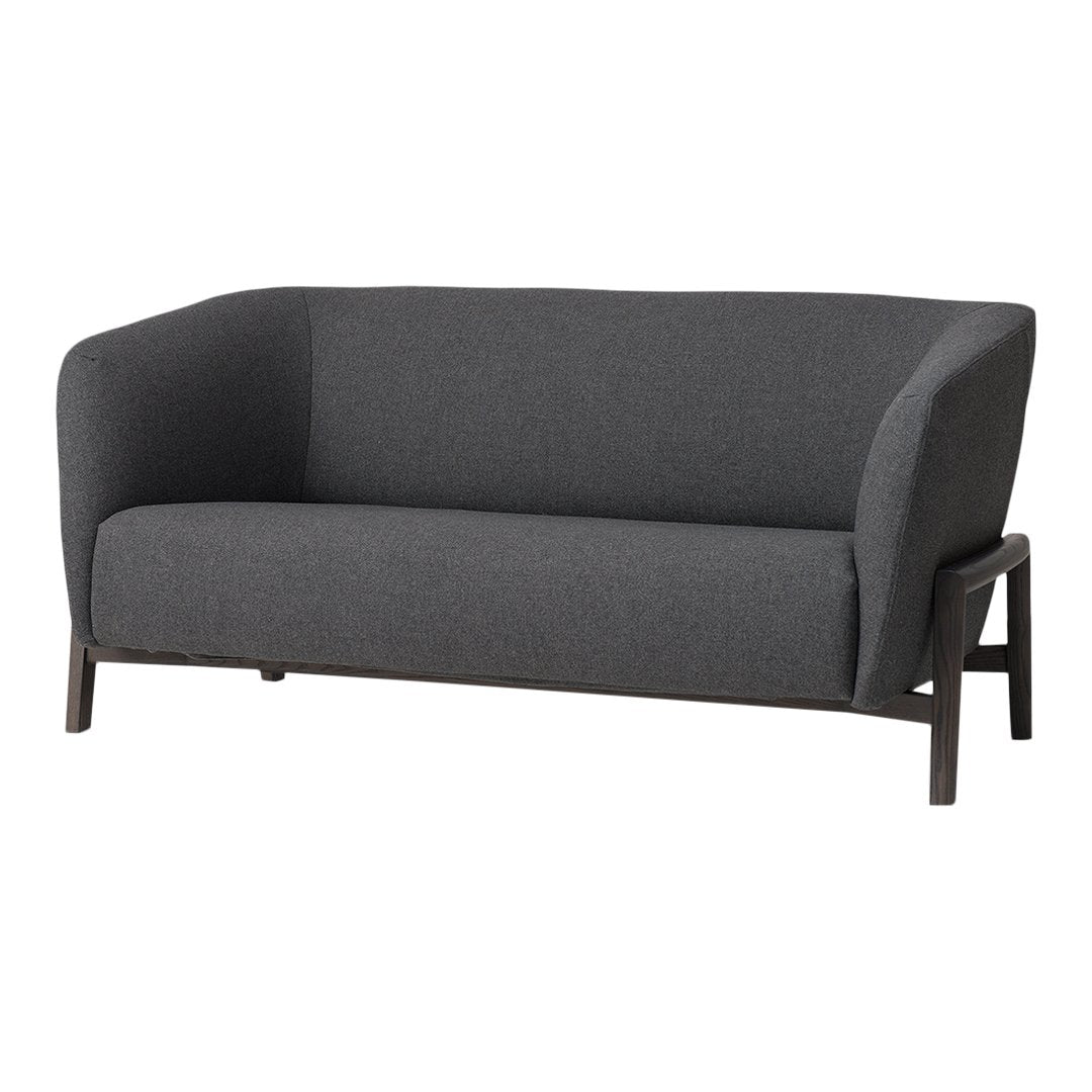 Dark gray upholstered sofa with smooth, minimalist design and sleek wooden legs. Perfect for modern interiors.