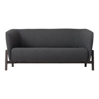 Gray upholstered sofa with a smooth, minimalist design and dark wood frame. Perfect for modern interiors.