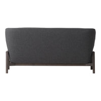 Gray upholstered sofa with a simple, modern design and a sturdy dark wooden frame.
