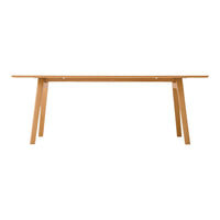 Natural wood dining table in a light oak finish, featuring clean lines and a minimalist design.
