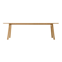 Natural wood table with a sleek, minimalist design featuring a light brown finish and no intricate patterns.