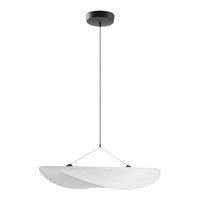 Modern white pendant light with a sleek curved design and a black ceiling mount. Ideal for stylish interiors.