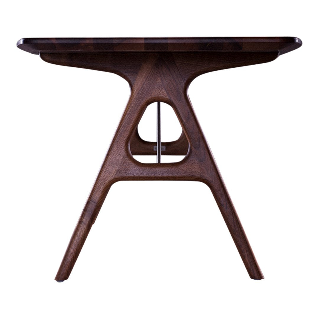 Mid-century modern side table in rich walnut finish with a sleek, minimalist design and unique geometric patterns.