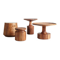 Set of four wooden tables showcasing rich brown tones and natural wood grain patterns, perfect for rustic decor.