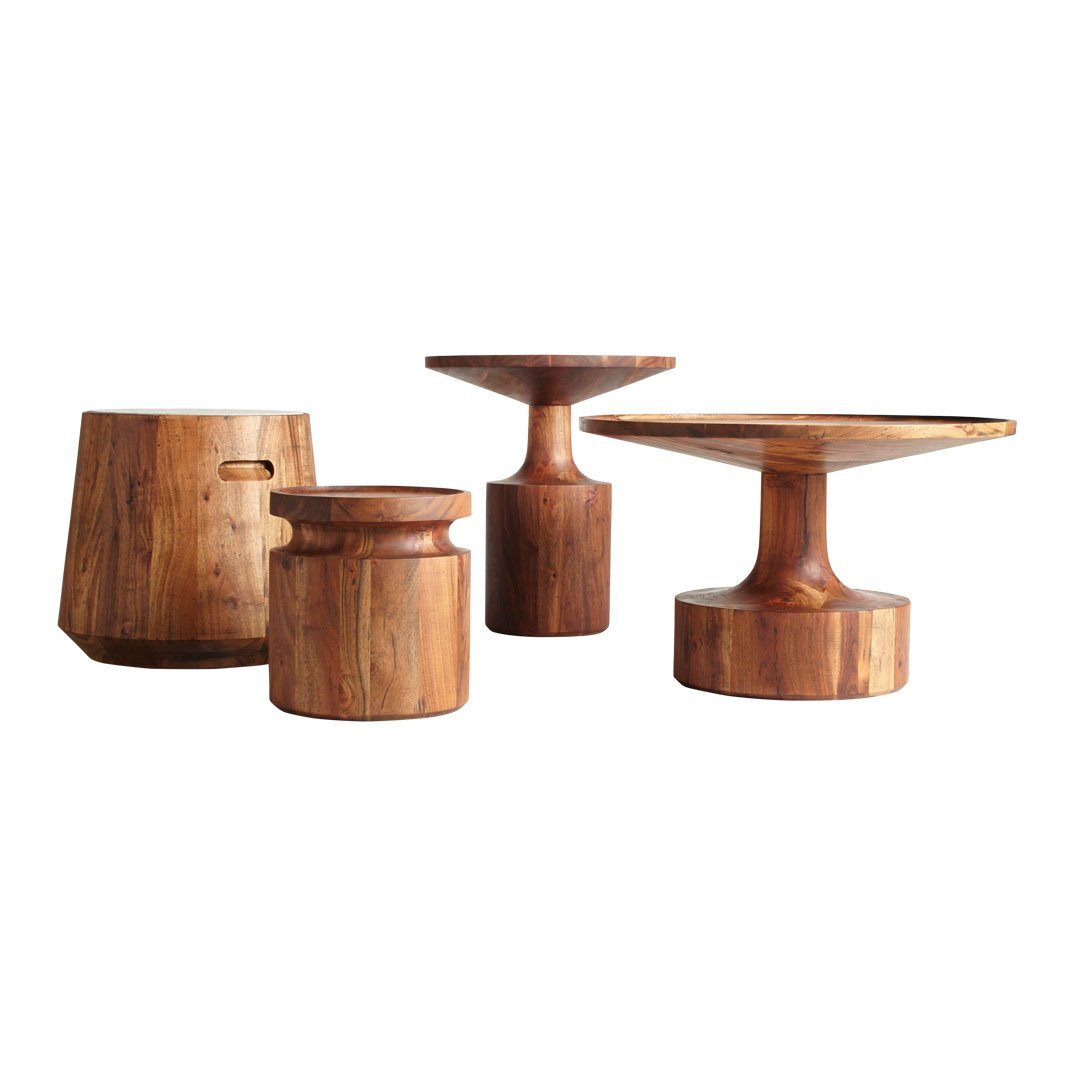 Set of four wooden tables featuring rich brown hues and unique, natural patterns. Perfect for rustic decor.