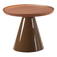 "Round wooden top in warm brown, sleek glossy brown cone base, modern and stylish table design."