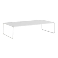 White minimalist coffee table with sleek, smooth finish and simple metal legs. Perfect for modern decor.