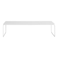 White rectangular table with minimalist design and sleek metal legs, perfect for modern decor.