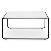 Sleek white glass tabletop with minimalist black metal frame; modern and elegant design perfect for contemporary spaces.