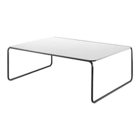Modern white coffee table with a sleek black metal frame and minimalist design. Perfect for contemporary spaces.