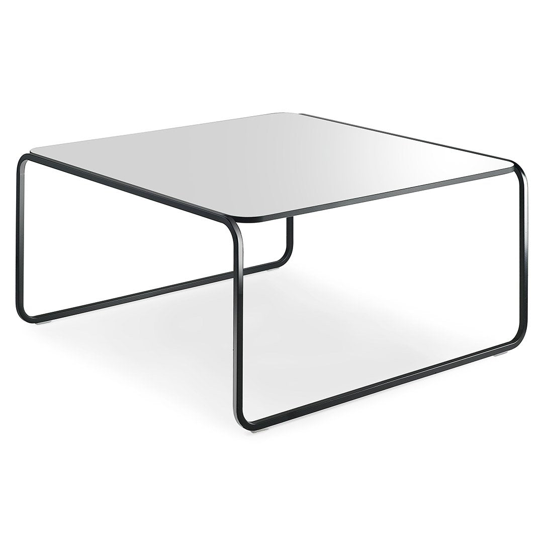 Modern square coffee table with a sleek white top and minimalist black metal legs. Perfect for contemporary decor.