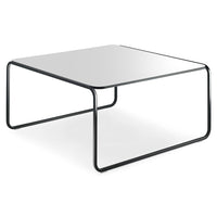 Modern square coffee table with a sleek white top and minimalist black metal legs. Perfect for contemporary decor.