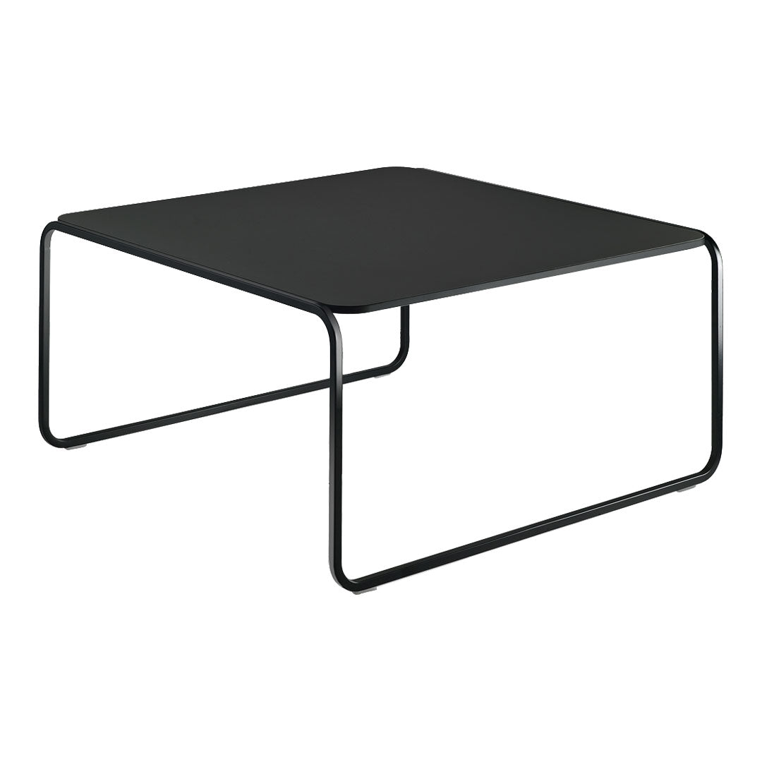 Black square coffee table with sleek metal frame and minimalistic design, perfect for modern decor.