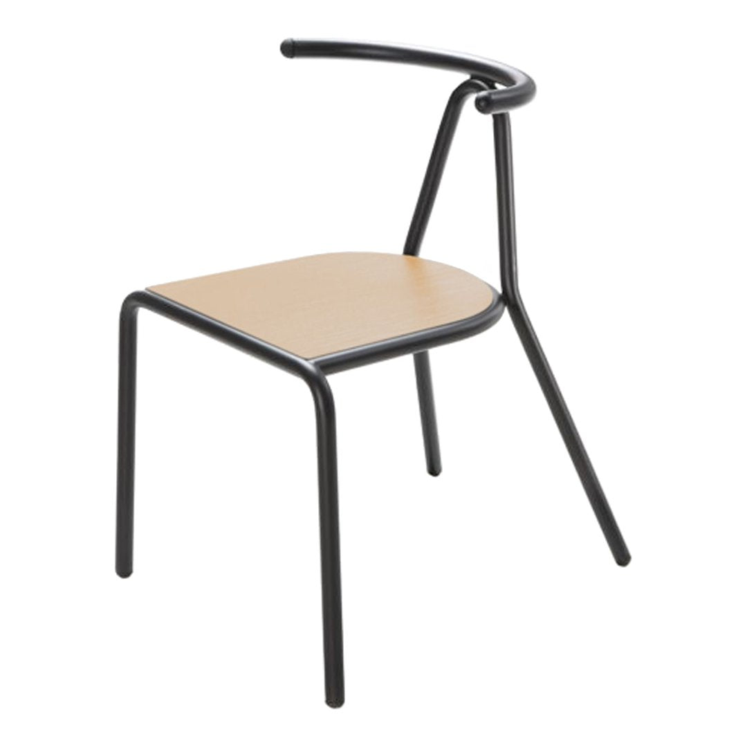 Black metal frame with a light wood seat, featuring a modern minimalistic design. Perfect blend of industrial and natural styles.