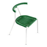 Green woven chair with a sleek white metal frame, featuring a modern pattern and ergonomic design.