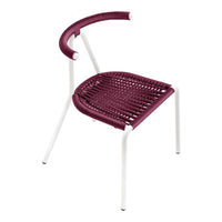 Modern chair with a rich burgundy woven seat and white metal frame, featuring a unique curved arm design.
