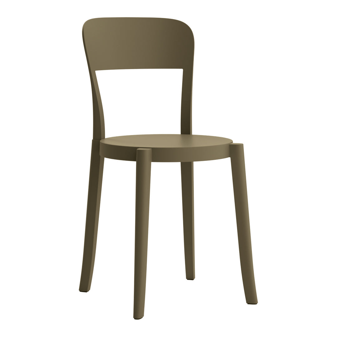 Green modern chair with a minimalist design and smooth finish, featuring a simple shape and solid color.