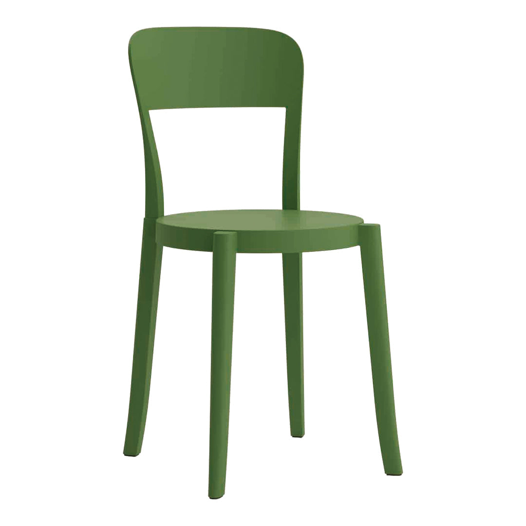 Green wooden chair with a minimalist design, featuring a smooth finish and simple lines. Perfect for modern decor.