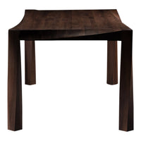 "Dark walnut wood table with a smooth, curved edge and minimalist design."