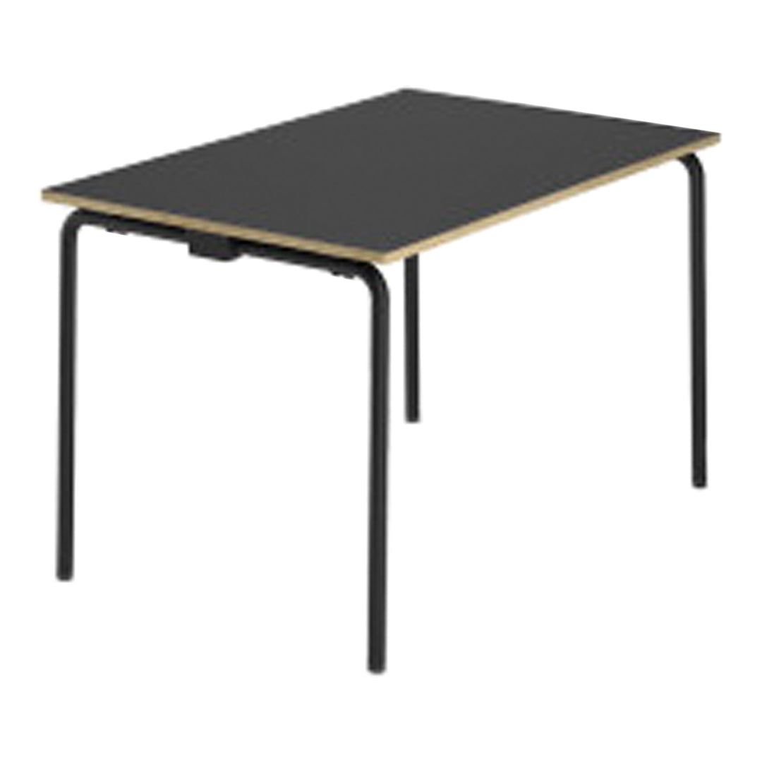 Black tabletop with natural wood trim and sleek black legs, offering a modern and minimalist design.