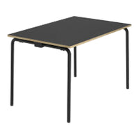 Black tabletop with natural wood trim and sleek black legs, offering a modern and minimalist design.