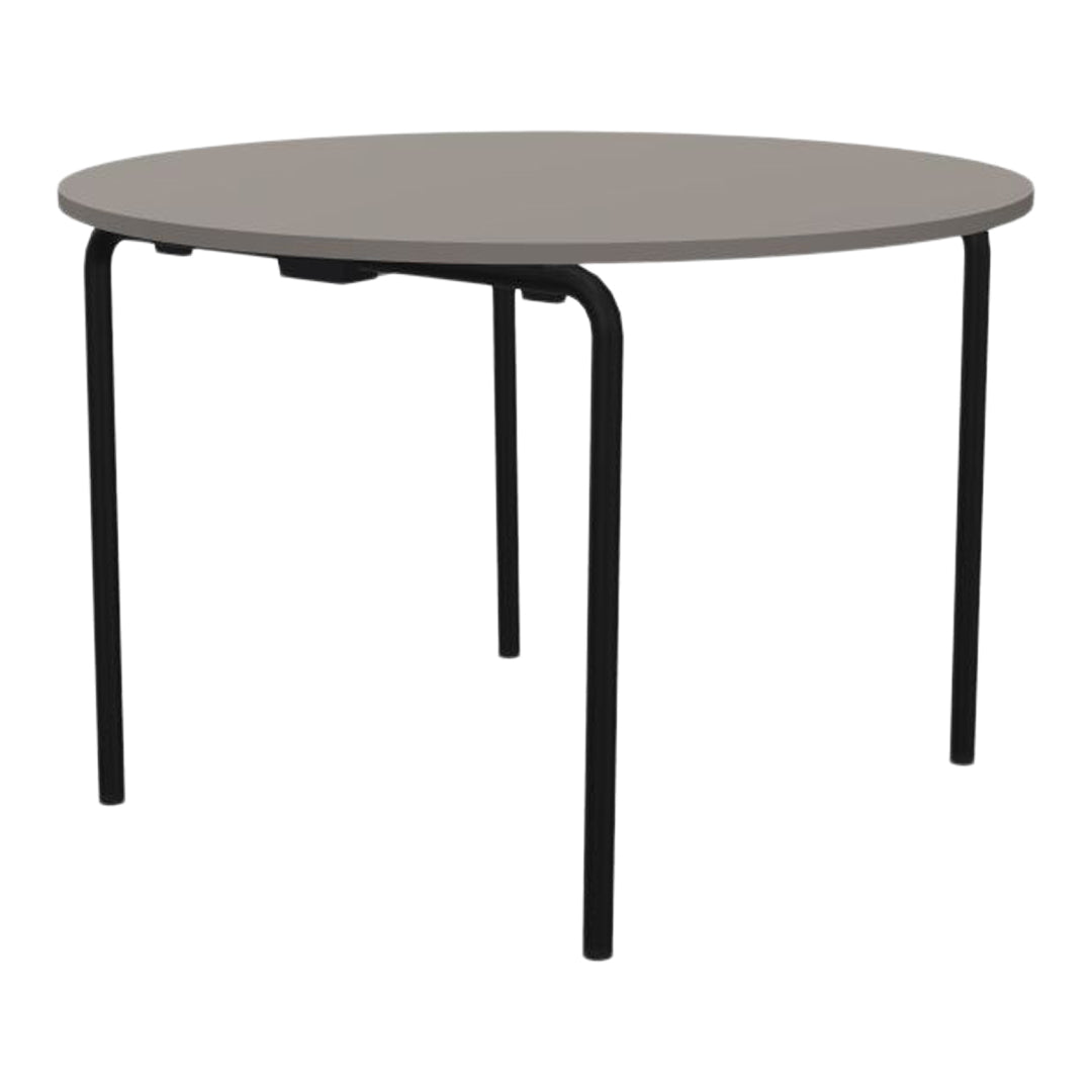 Round gray tabletop with black metal legs, minimalistic design, ideal for modern decor.