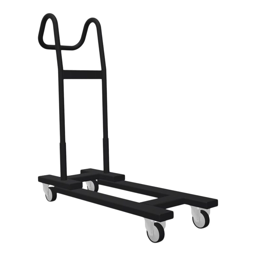 Black utility cart with a simple frame and four white wheels, featuring a minimalist design.