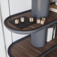 Modern shelving unit with curved gray accents, rich brown wood texture, and minimalist geometric decor.