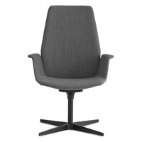 Gray upholstered swivel chair with a sleek, modern design and a simple, solid black base. Perfect for any workspace.