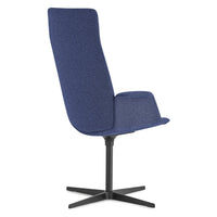 Elegant blue upholstered chair with a sleek, modern design and a minimalist black base. Perfect for contemporary decor.