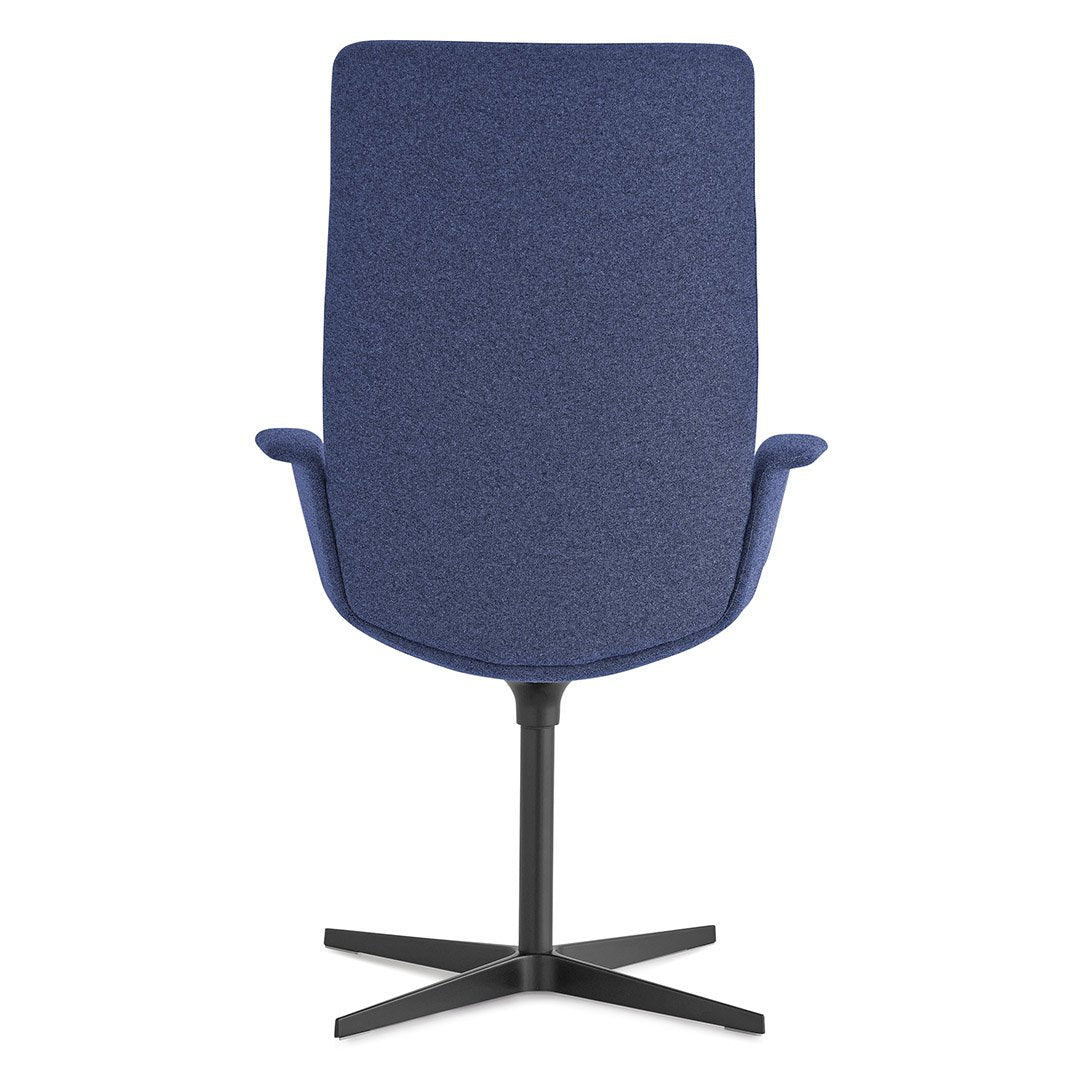 Blue upholstered chair with a sleek design, featuring a solid black base and minimalist style. Perfect for modern decor.