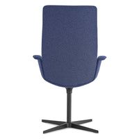 Blue upholstered chair with a sleek design, featuring a solid black base and minimalist style. Perfect for modern decor.