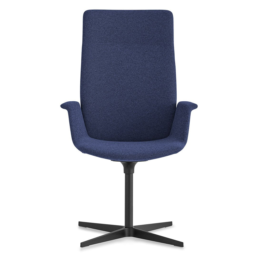 Navy blue upholstered chair with a sleek design and black metal base, featuring a smooth fabric texture.