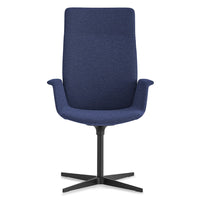 Navy blue upholstered chair with a sleek design and black metal base, featuring a smooth fabric texture.