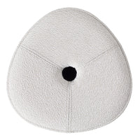Textured white rug with a circular black center, featuring a unique organic shape. Perfect for modern decor.