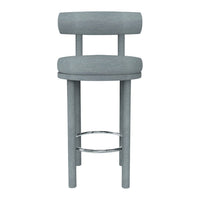 Gray upholstered bar stool with a simple, modern design and sleek chrome footrest. Perfect for contemporary decor.