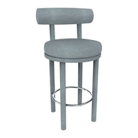 Gray upholstered bar stool with a round seat and backrest, featuring a sleek chrome footrest. Ideal for modern decor.