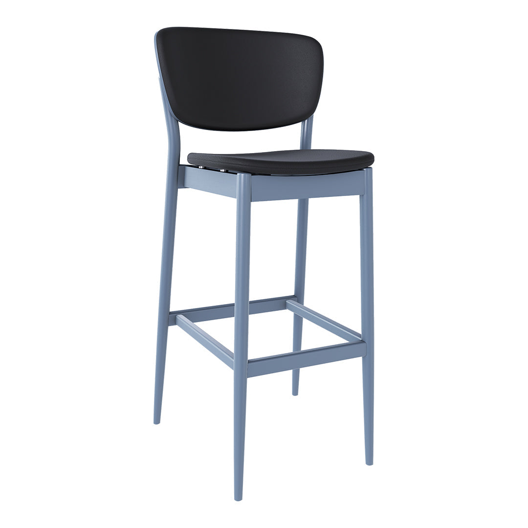 Black and light blue bar stool with a minimalist design, featuring a solid color seat and backrest.