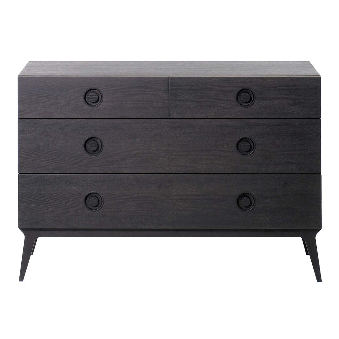 Wooden dresser in a sleek matte black finish with minimalistic round handles and clean lines. Perfect for modern decor.
