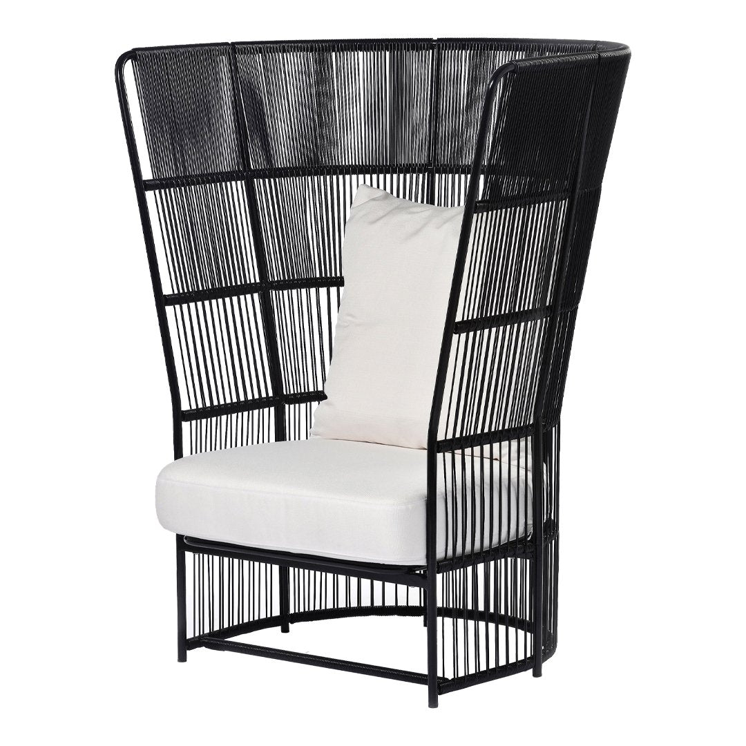 Black wicker chair with high back and cream cushion, featuring a sleek, modern pattern. Ideal for stylish interiors.
