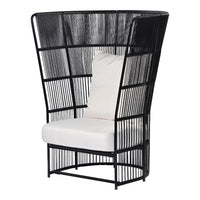 Black wicker chair with high back and cream cushion, featuring a sleek, modern pattern. Ideal for stylish interiors.